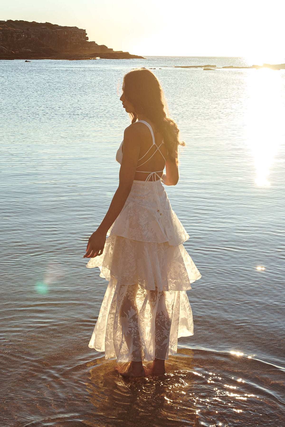 Veda Strappy Back Ruffle Chiffon Maxi Dress White