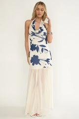 Omaria Cowl Halter Maxi Dress Floral Beige